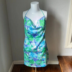 Beginning Boutique Caribou Blue Floral Halter Mini Dress